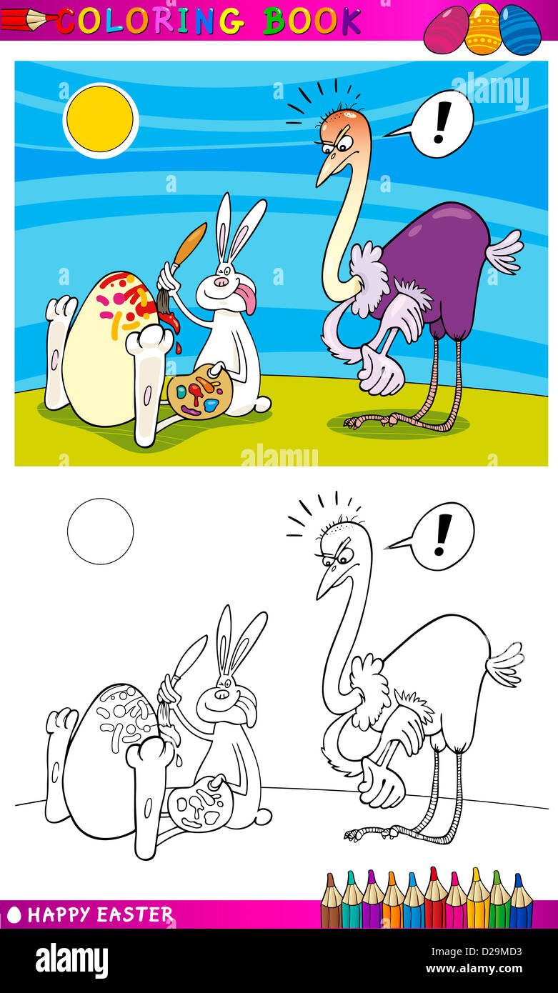 Coloring Book or Page Cartoon Illustration of Easter Bunny Painting on ...