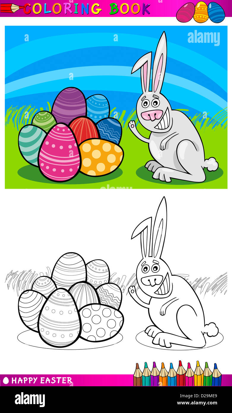 Coloring Book or Page Cartoon Illustration of Easter Bunny with Painted ...