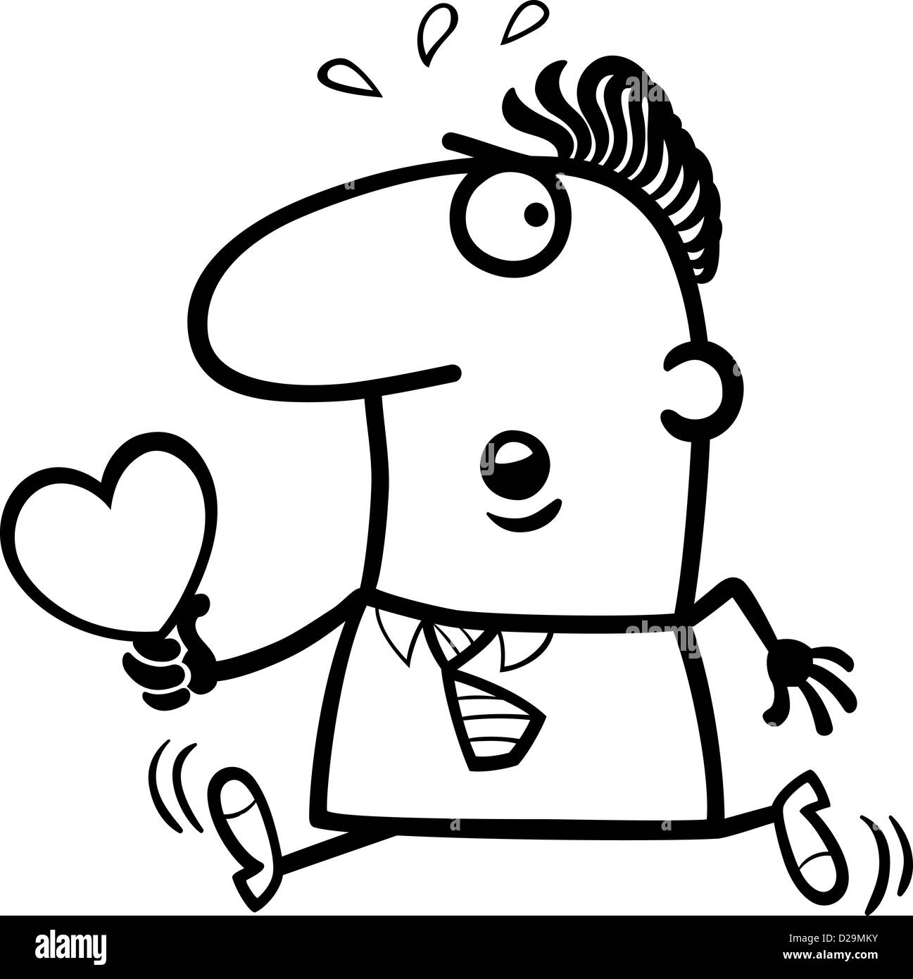 Black and White Cartoon St Valentines Illustration of Late Running Man in Love with Heart or Valentine Card Stock Photo