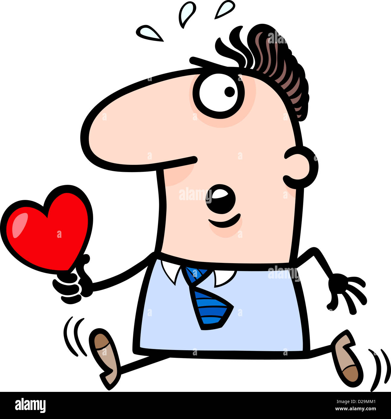 Cartoon St Valentines Illustration of Late Running Man in Love with Heart or Valentine Card Stock Photo