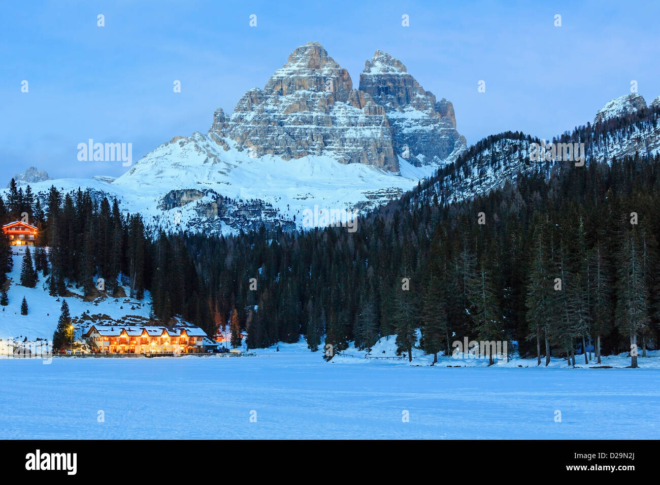 Beautiful winter frozen up Alpine lake Misurina view at Auronzo di Cadore (Italy) Stock Photo