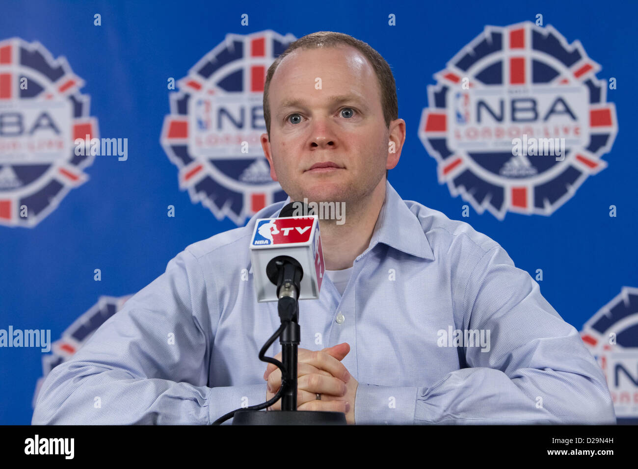 17.01.2013 London, England. Detroit Pistons head coach Lawrence Frank talking to the press ahead of the NBA London Live 2013 game between the Detroit Pistons and the New York Knicks from The O2 Arena Stock Photo
