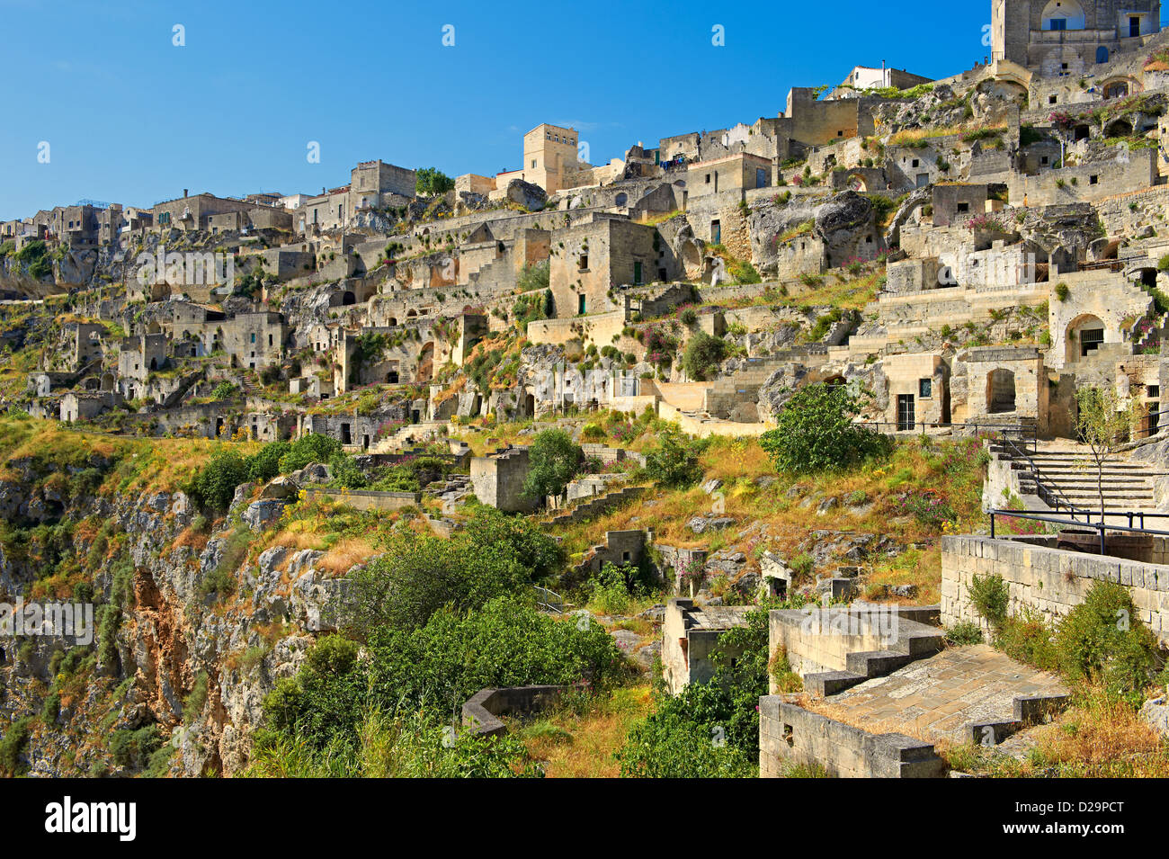 The ancient cave dwellings, known as “ Sassi “ , in Matera, Southern Italy. A UNESCO World Heritage Site.  Stock Photo