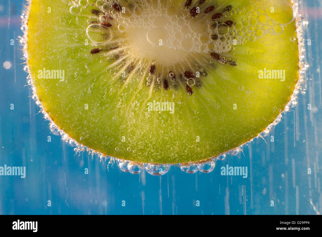 A slice of Kiwi fruit in a glass of sparkling mineral water Stock Photo