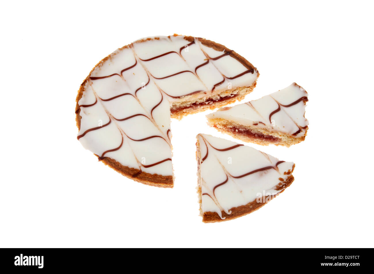 Bakewell tart with two slices cut out to illustrate a pie chart Stock Photo