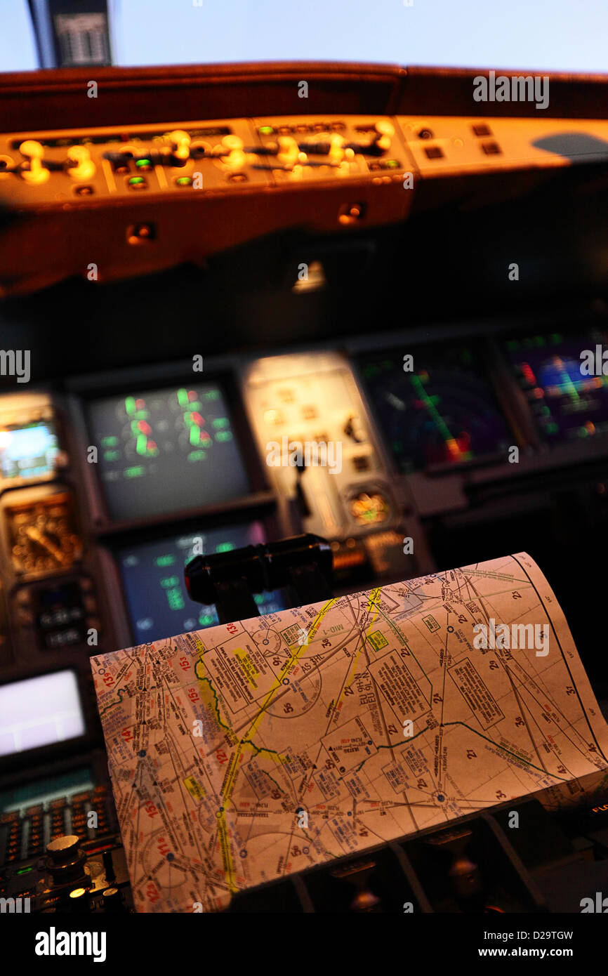 Abu Dhabi, United Arab Emirates, Detail in the cockpit of an Airbus A321 Stock Photo