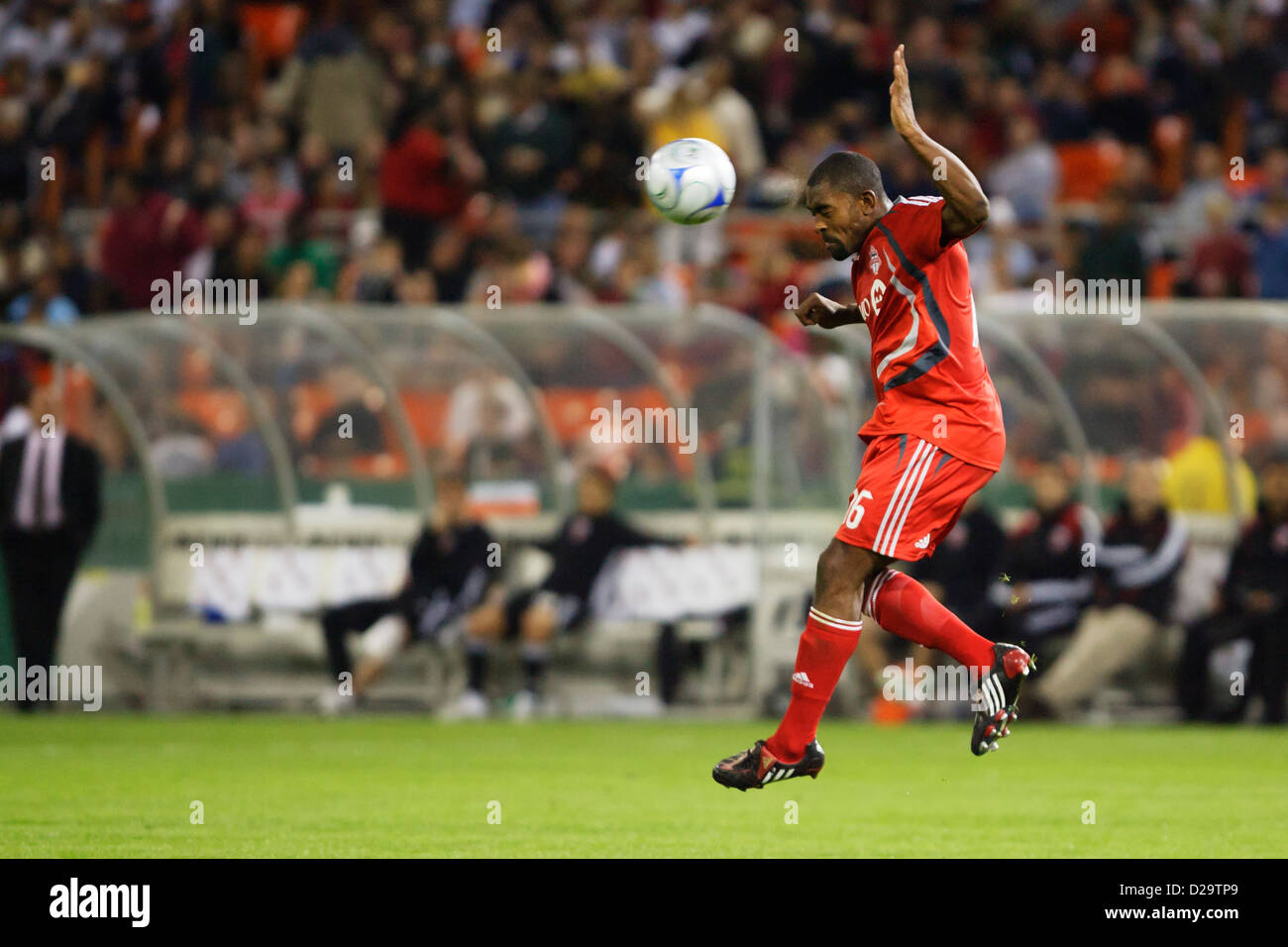 Marvell Wynne of Toronto FC heads the ball during the Major League Soccer match against DC United at RFK Stadium. Stock Photo