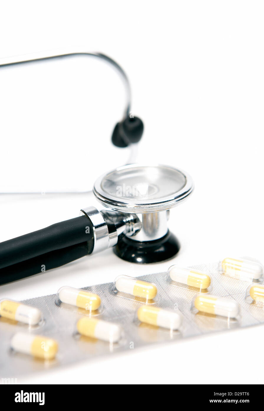 Berlin, Germany, stethoscope and tablets taped on a white background ...