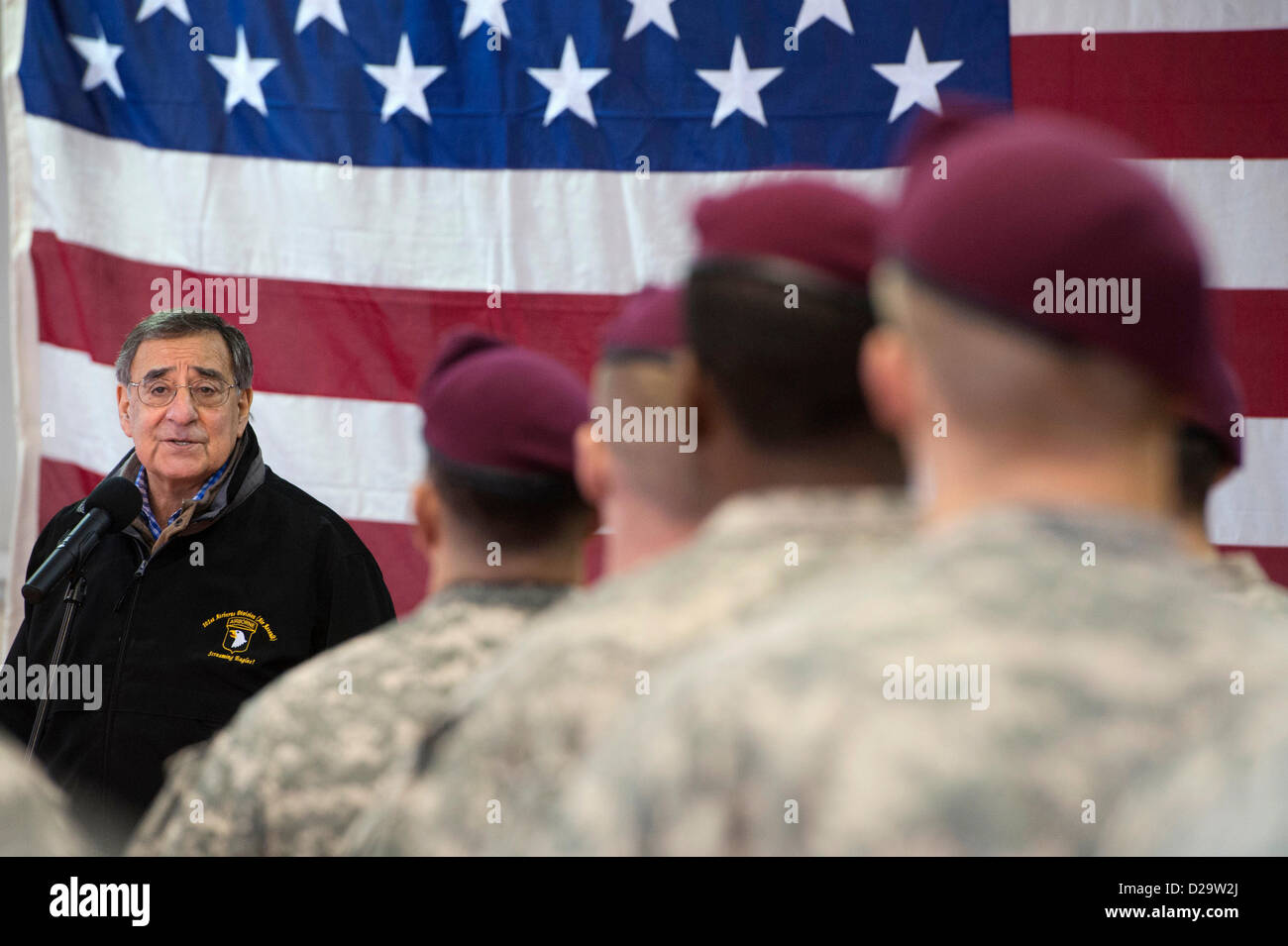 US Secretary of Defense Leon Panetta speaks with troops at US Army Garrison January 17, 2013 in Vicenza, Italy.  Panetta is on a six day trip to Europe to meet with leaders and US troops. Stock Photo