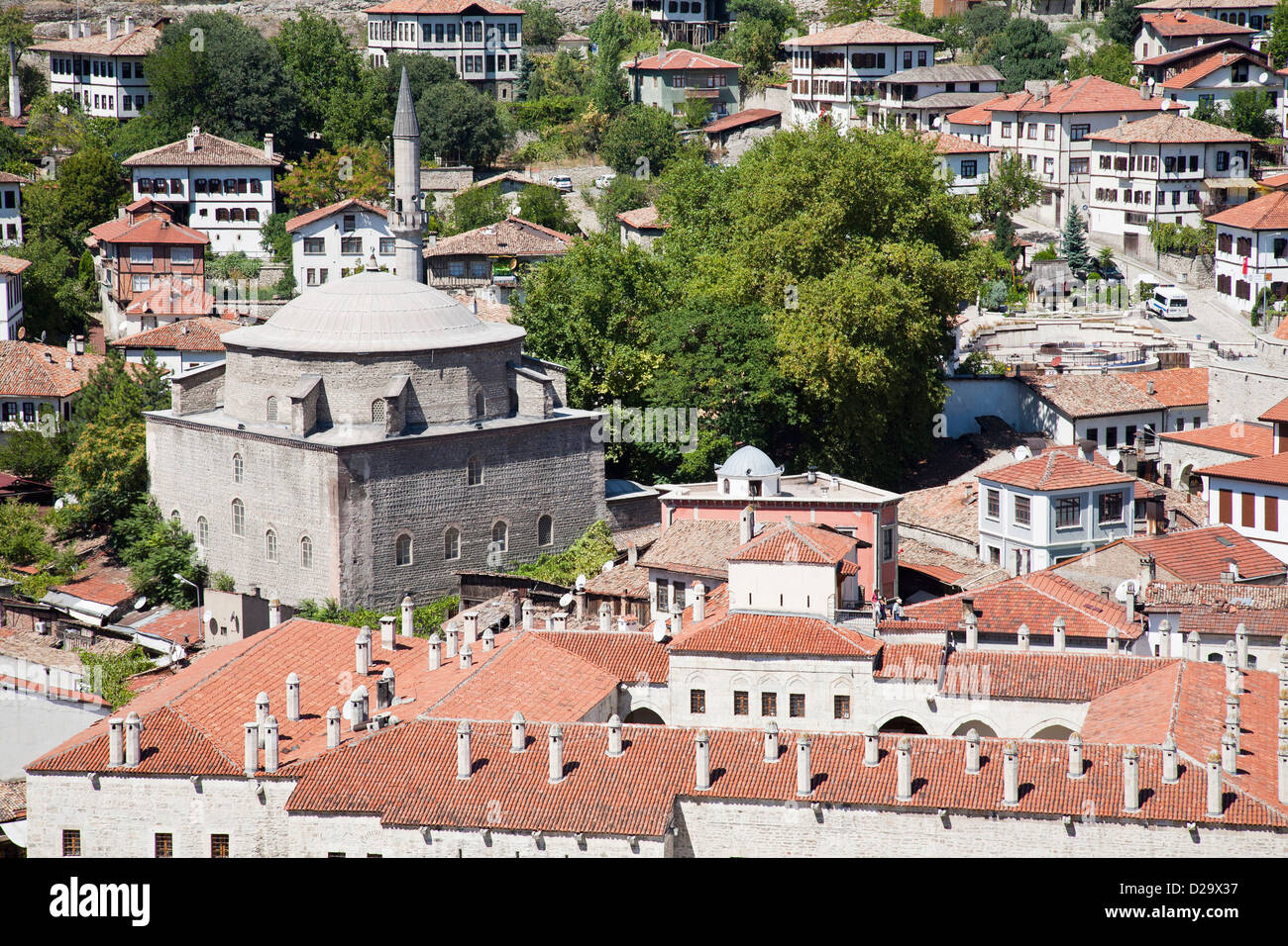 asia, turkey, central anatolia, ancient town of safranbolu, view with koprulu mehmet camii and the caravansary cinci hani Stock Photo
