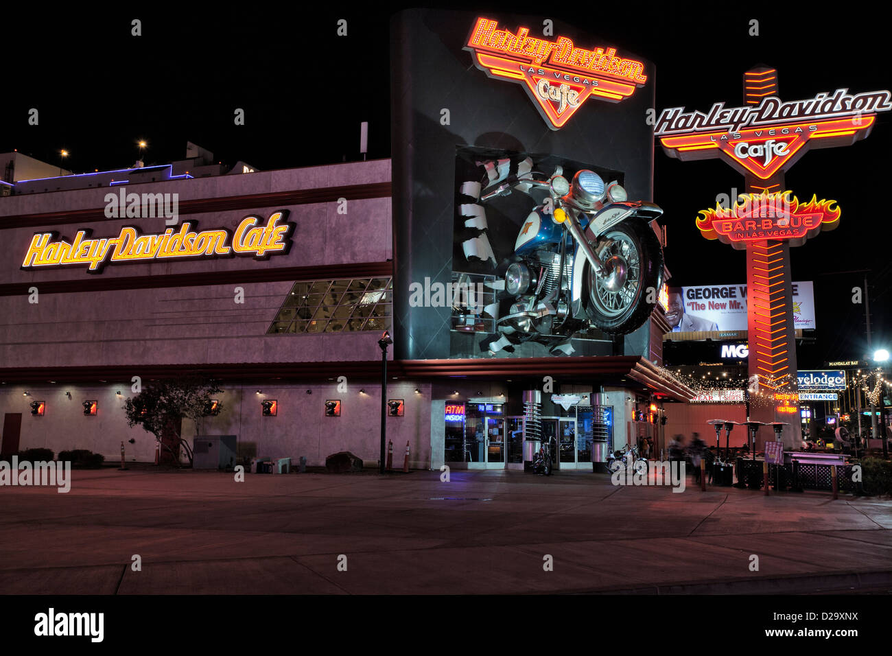 Harley Davidson motorcycle cafe on Las Vegas Blvd. at night-Las Vegas, Nevada, USA. Stock Photo