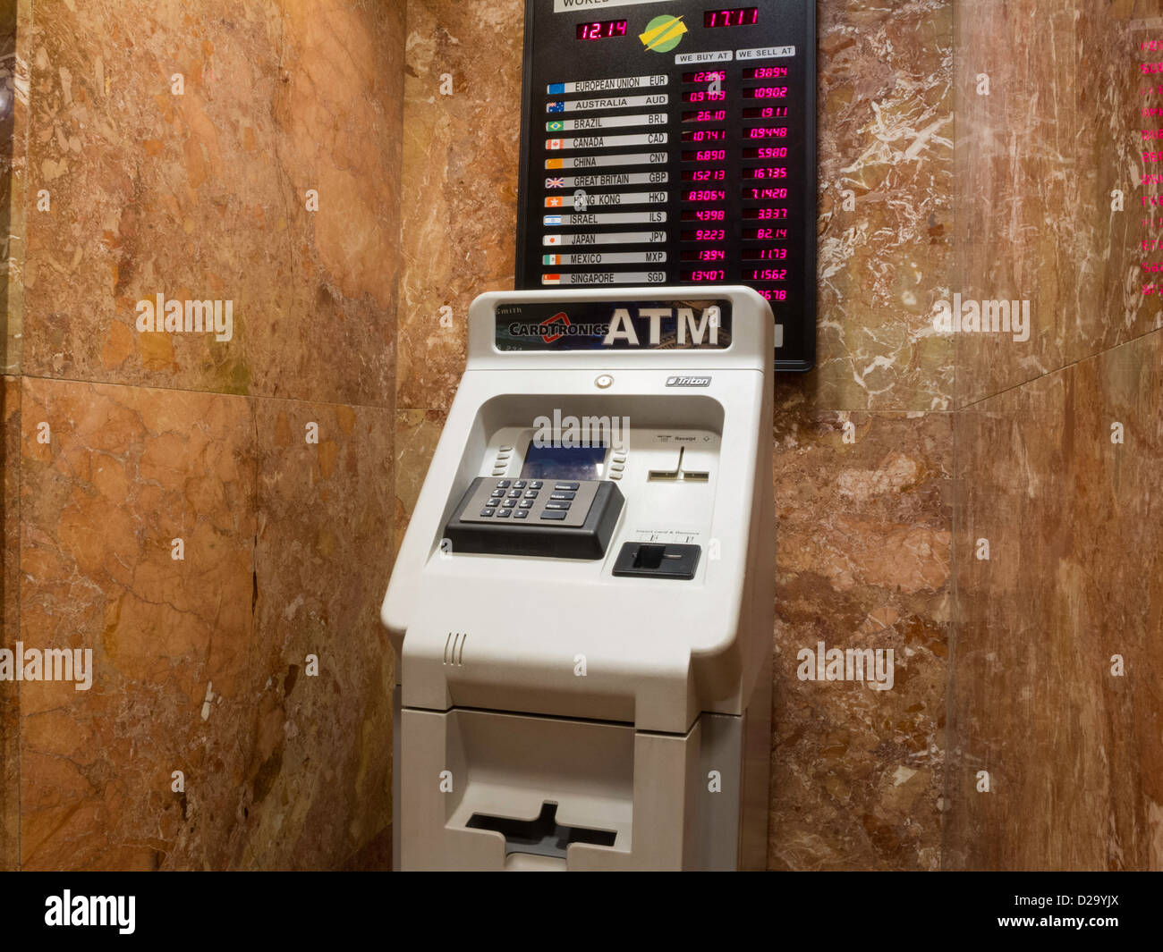 Automated Teller Machine (ATM) and Currency Exchange Rates, NYC Stock Photo