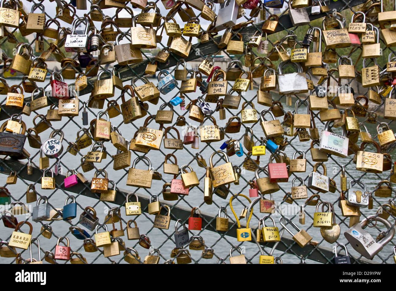 Love locks (wish locks) left by tourists Pont Des Arts Paris France Europe Stock Photo