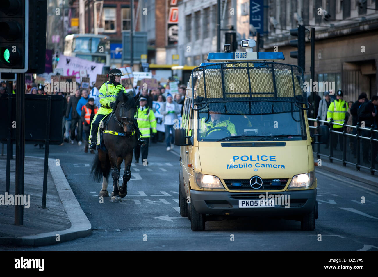 Police Riot Van and Horse Demonstration UK Stock Photo