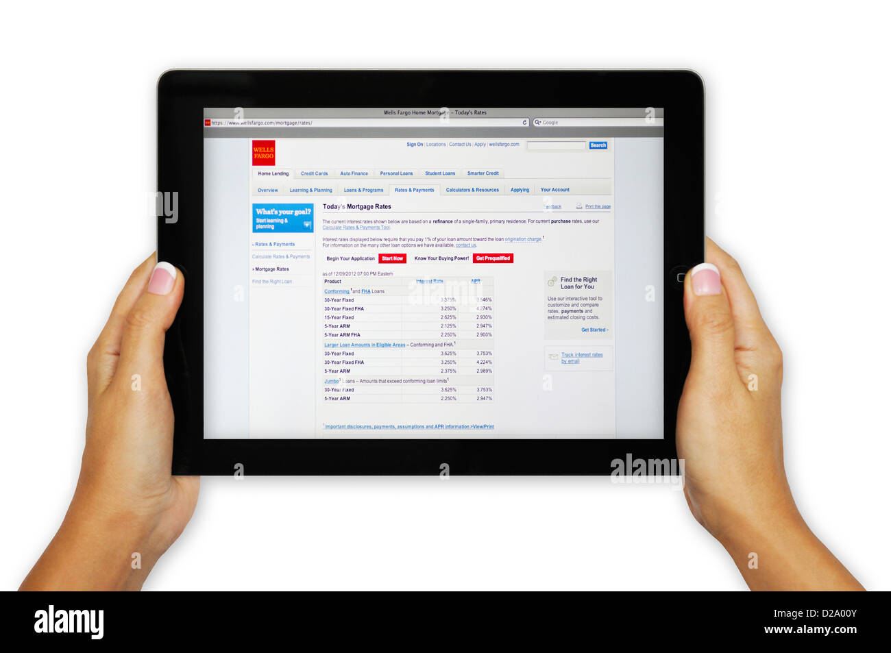 iPad screen showing Wells Fargo website - online mortgage rate information Stock Photo