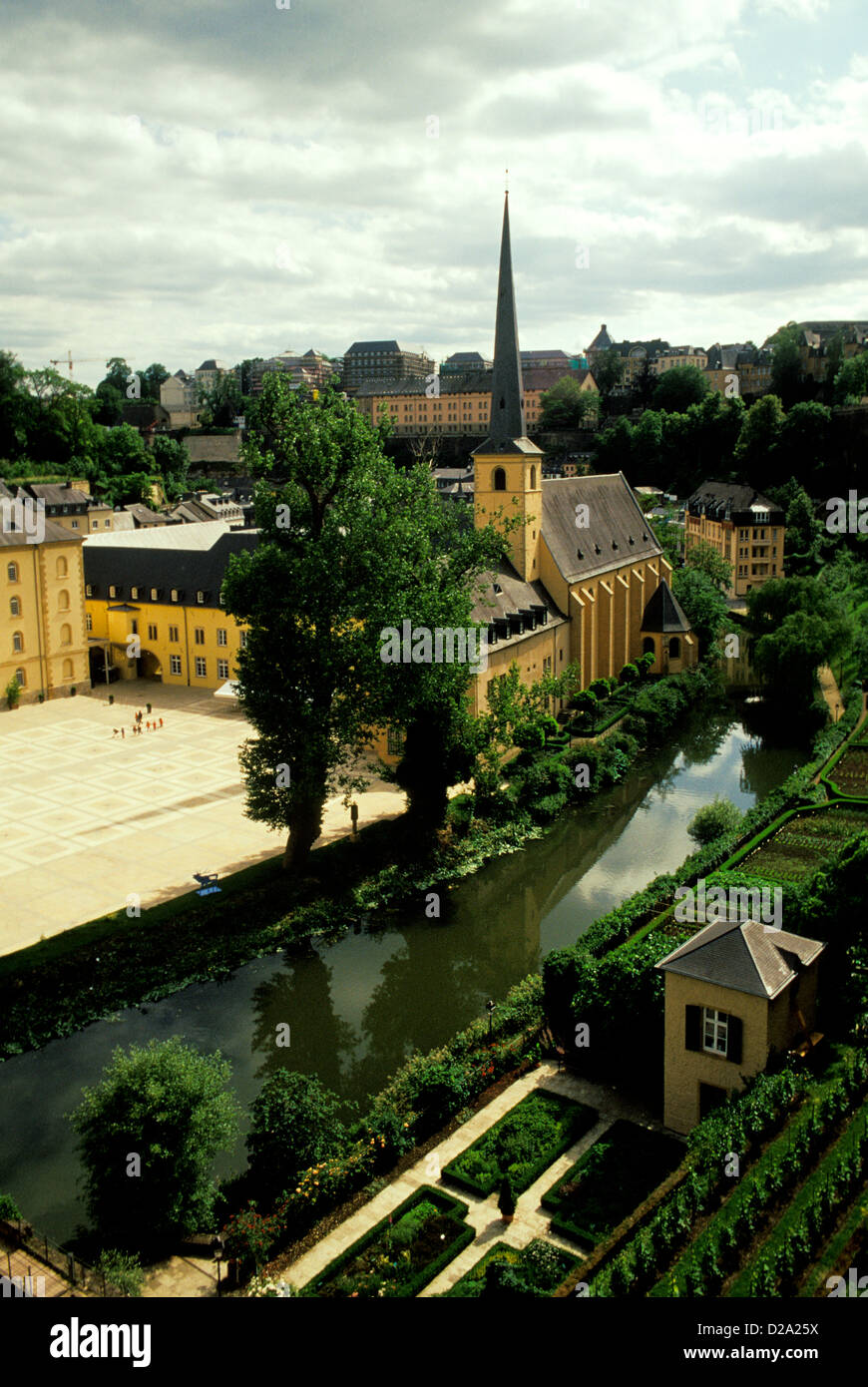 Luxembourg. Luxembourg City. View From Bock Casemates. Saint-Jean Baptiste (Neumunster). C.C.R. Abbaye De Neumunster. Terrace. Stock Photo