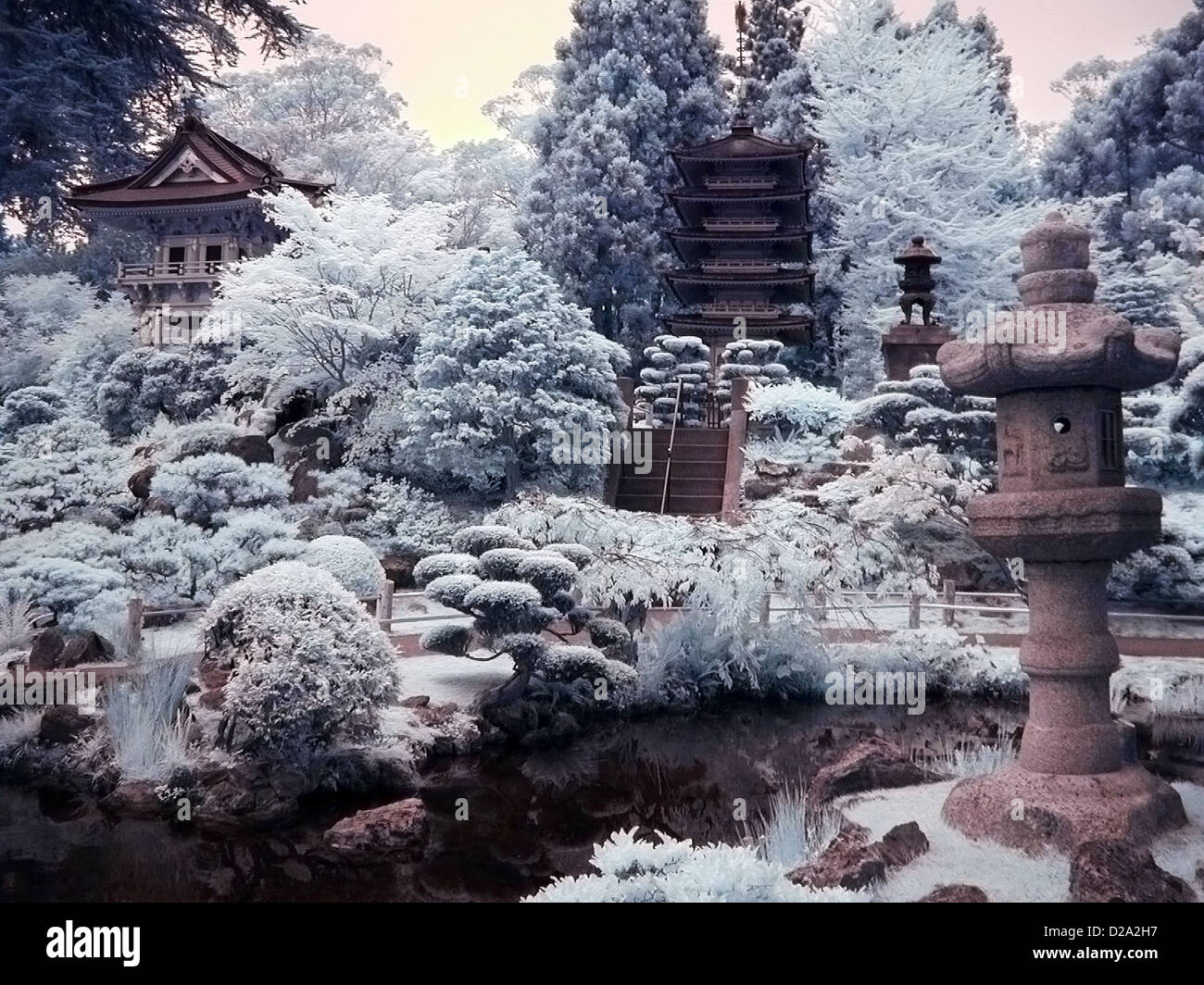 An Infrared Photograph Of A Japanese Garden With Temples At The