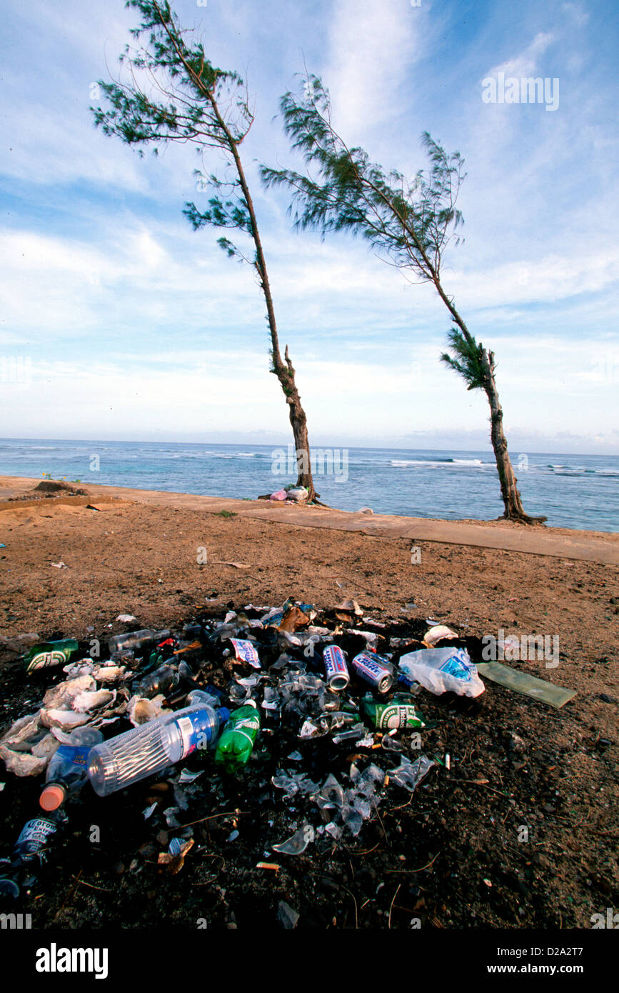 Hawaii, Oahu, Mokuleia Beach. Bottles And Cans, Remains Of A Bonfire Pit Stock Photo