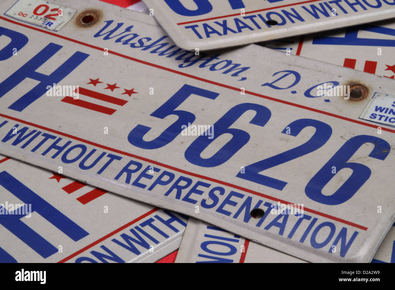 Array of Washington, D.C. license plates displaying 'Taxation Without Representation' Stock Photo