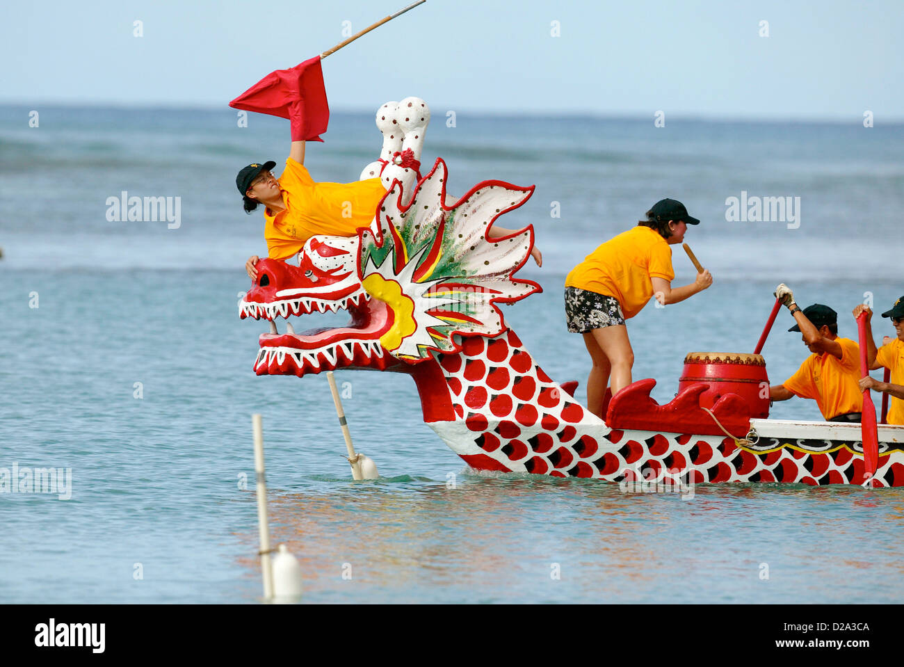 Honolulu Hawaii  Dragon Boat Race.Flag Puller Dragon Boat Festivals (Tuen Ng) Began In Fourth Century B.C In China Fifty Three Stock Photo