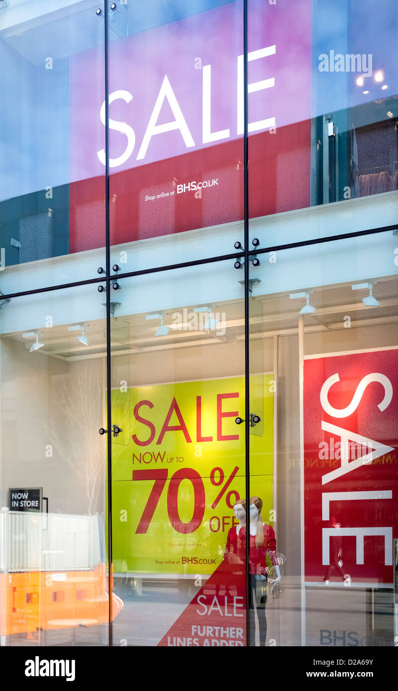 Sale signs in a BHS shop front. Stock Photo