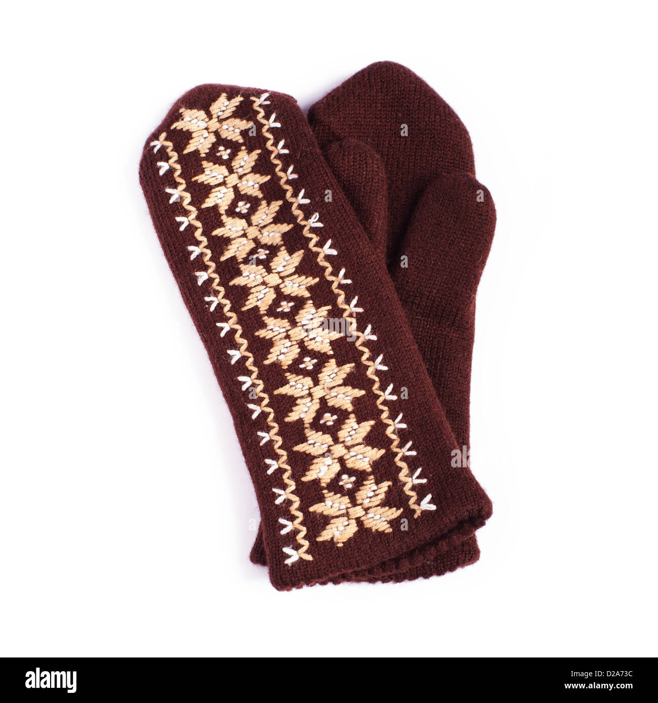 Brown woolen knitted mittens on white background Stock Photo