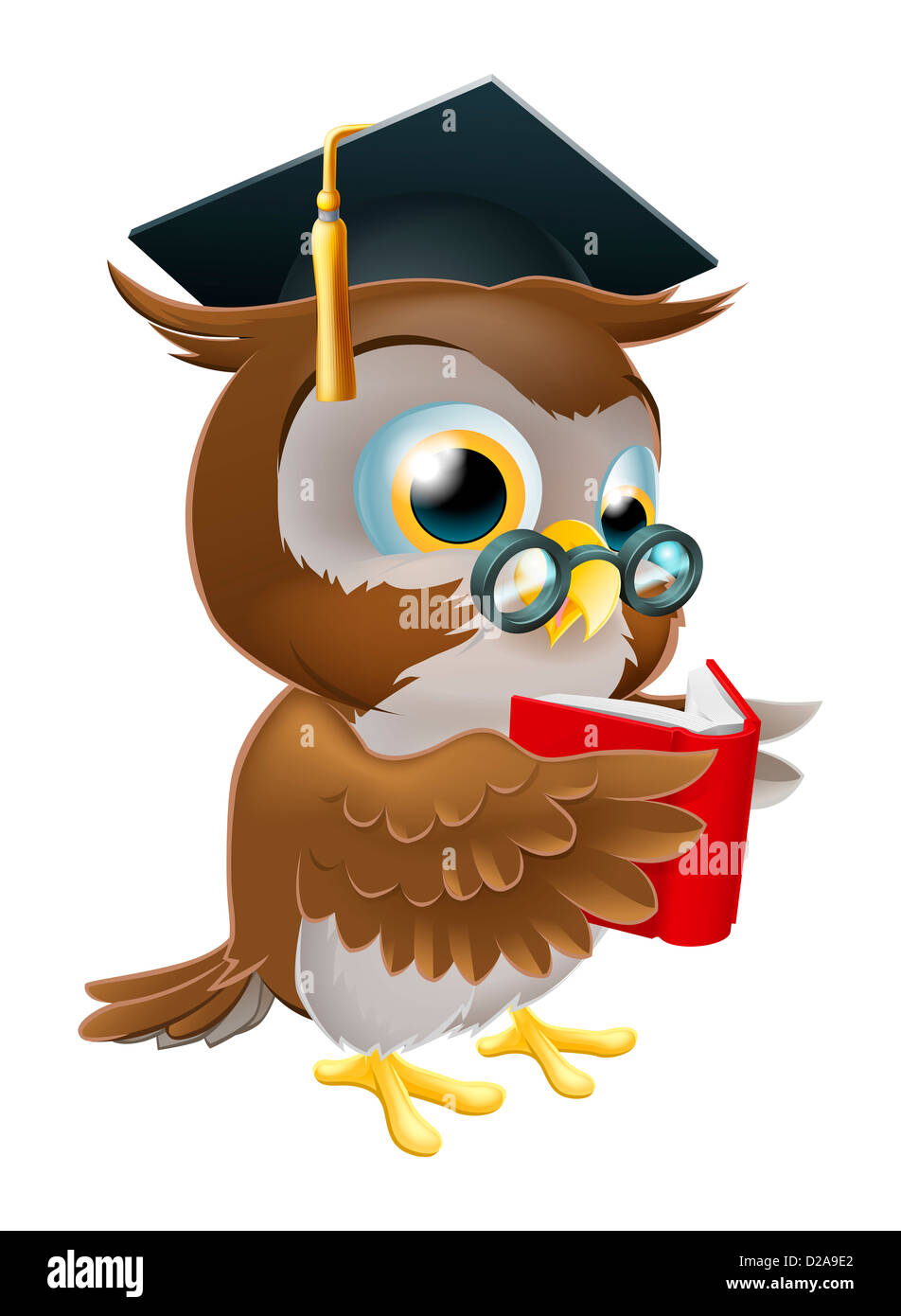An illustration of a wise owl reading, wearing glasses and a mortar board convocation hat. Stock Photo