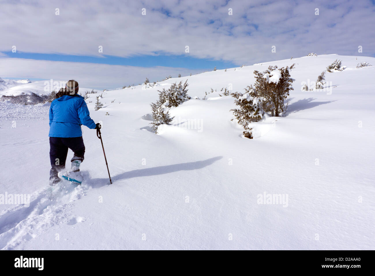 Female dressed in blue, snowshoeing at Beille Plateau, French Pyrenees