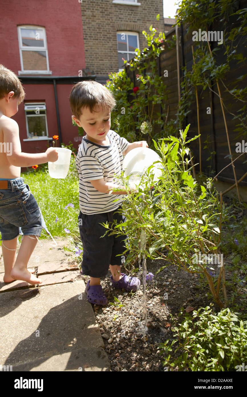Boys watering plants in garden Stock Photo - Alamy