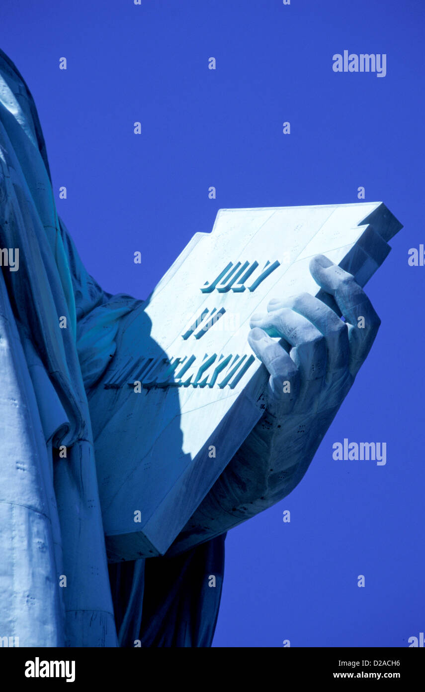 New York City. Close Up Of Tablet In The Arm Of The Statue Of Liberty