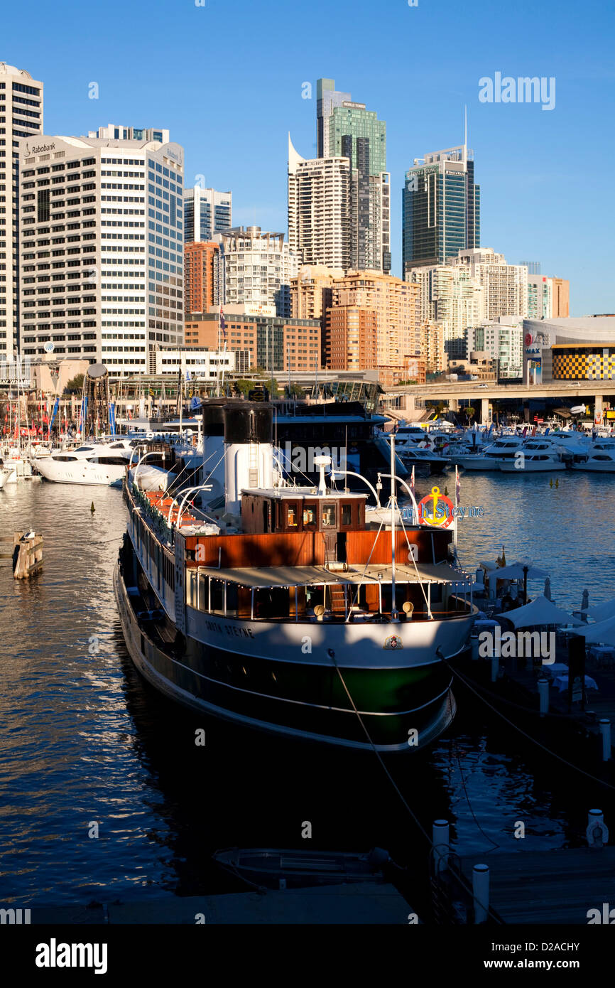 Former Manly Ferry South Steyne now serves as a permanently moored restaurant on Darling Harbour Sydney Australia Stock Photo