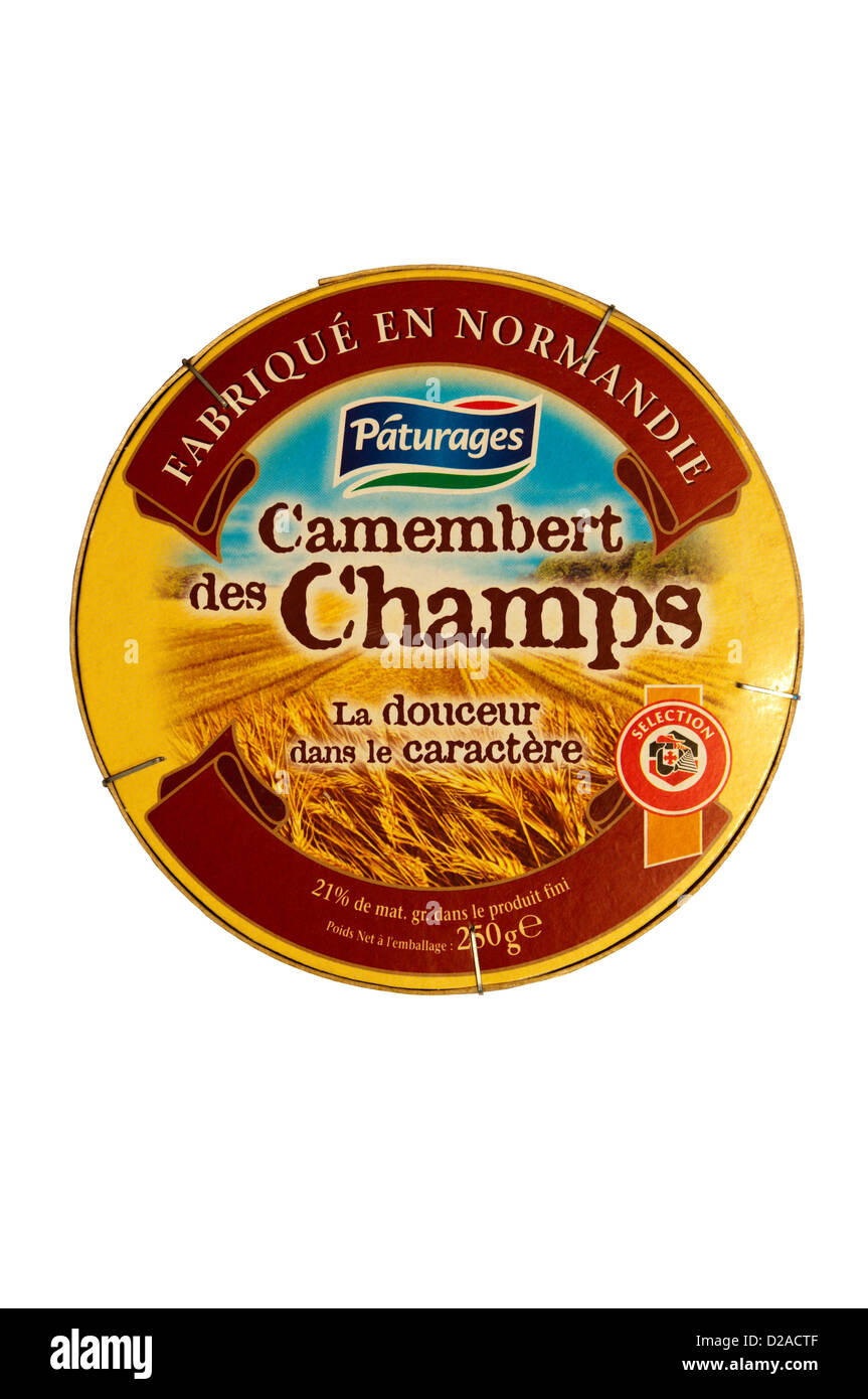 A box of Paturages Camembert des Champs camembert cheese from Normandy, France. Stock Photo