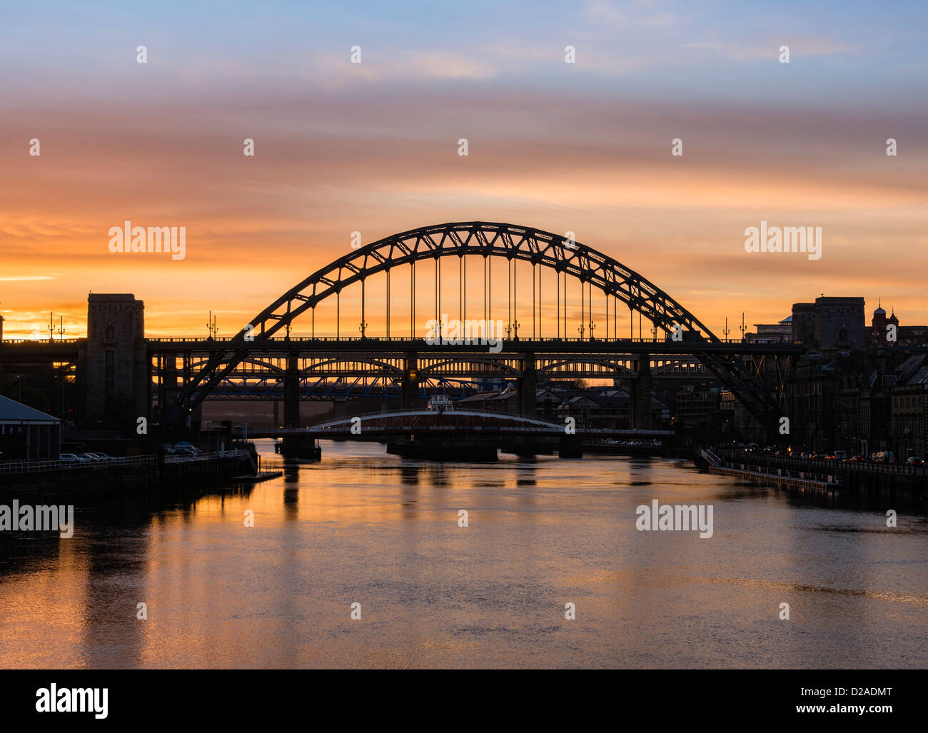 The river Tyne and the Tyne Bridge at Dusk. Stock Photo