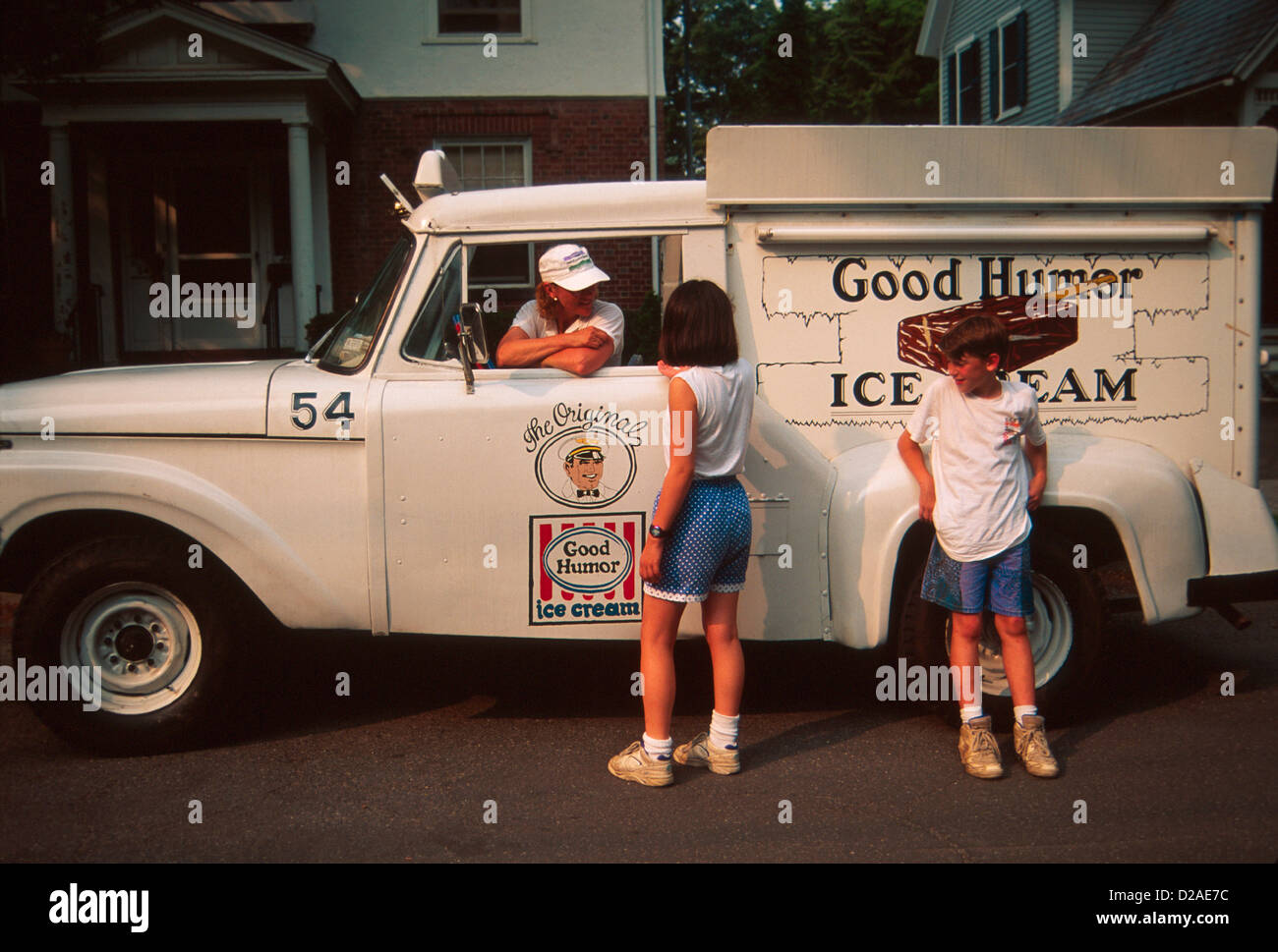 Good Humor Ice Cream Truck, Customers Talking To Driver. Stock Photo