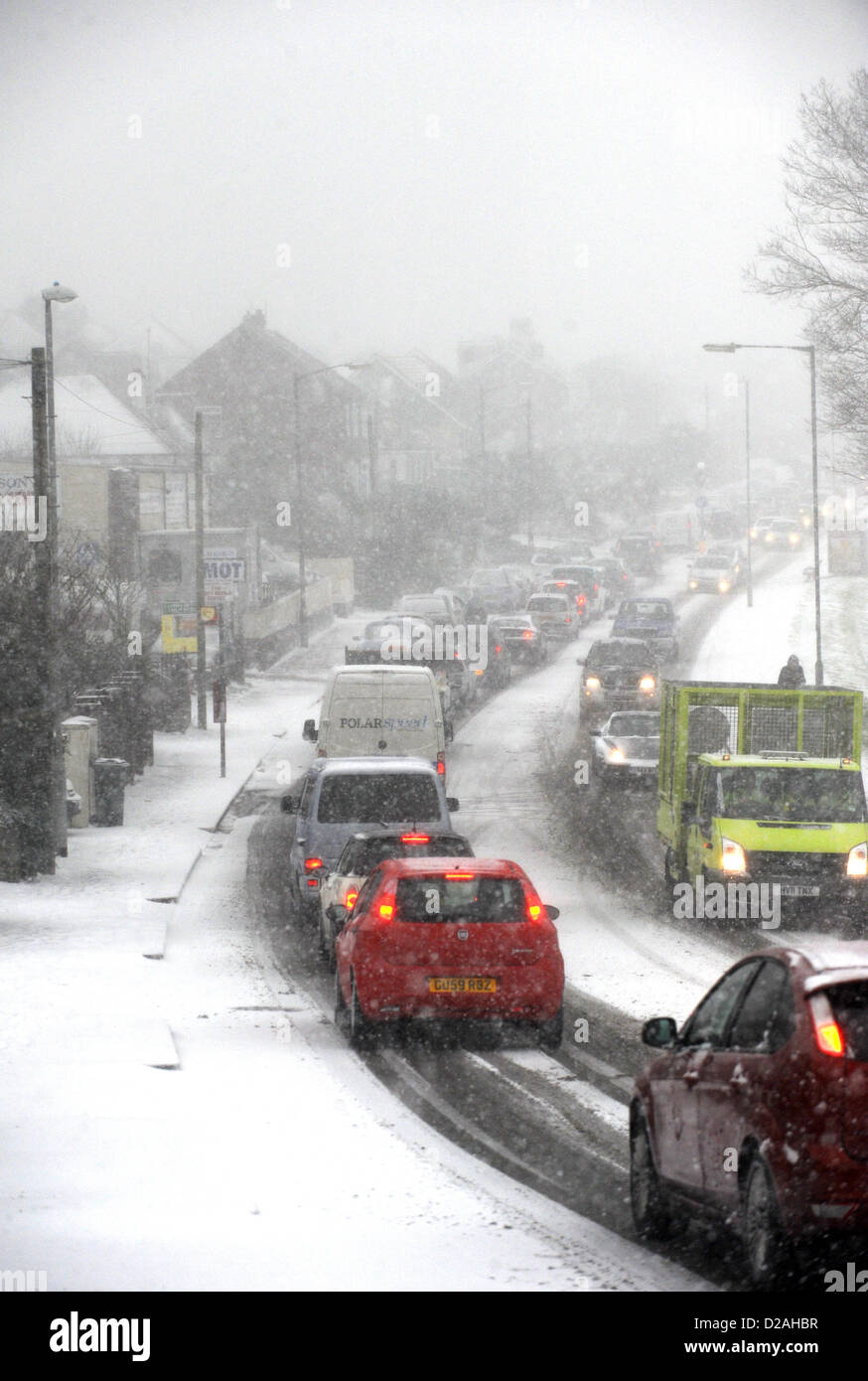 Brighton Sussex UK. 18 January 2013 - Gridlock on the roads at Woodingdean near Brighton this morning as blizzard conditions Stock Photo