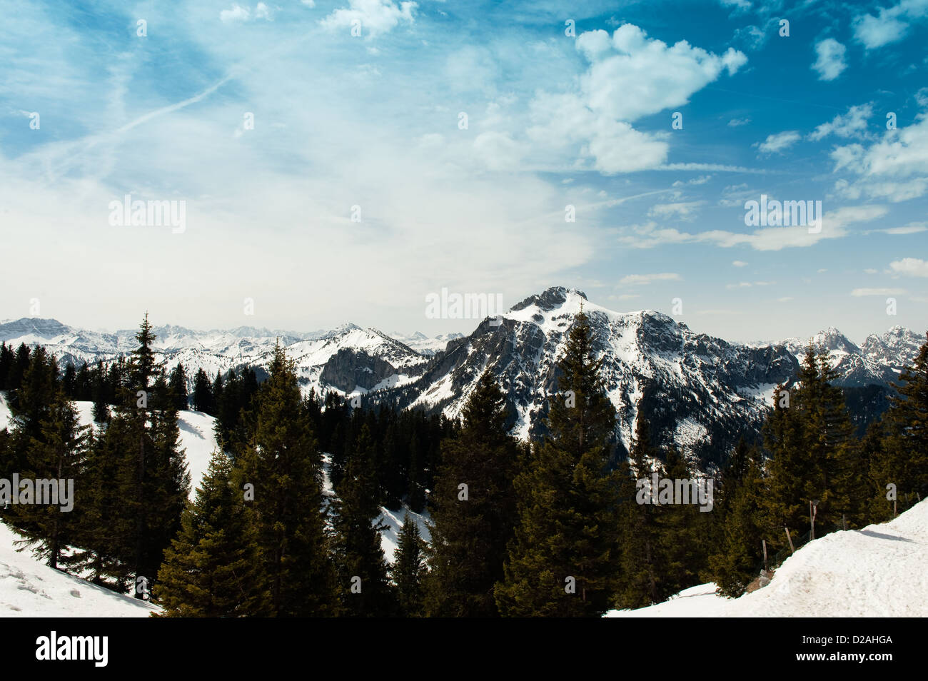 German Alps overlooking rural landscape Stock Photo
