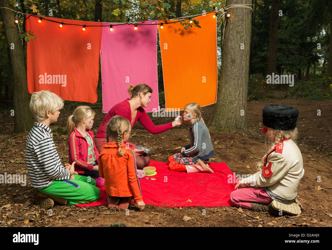 Childrens theater improvised in woods Stock Photo