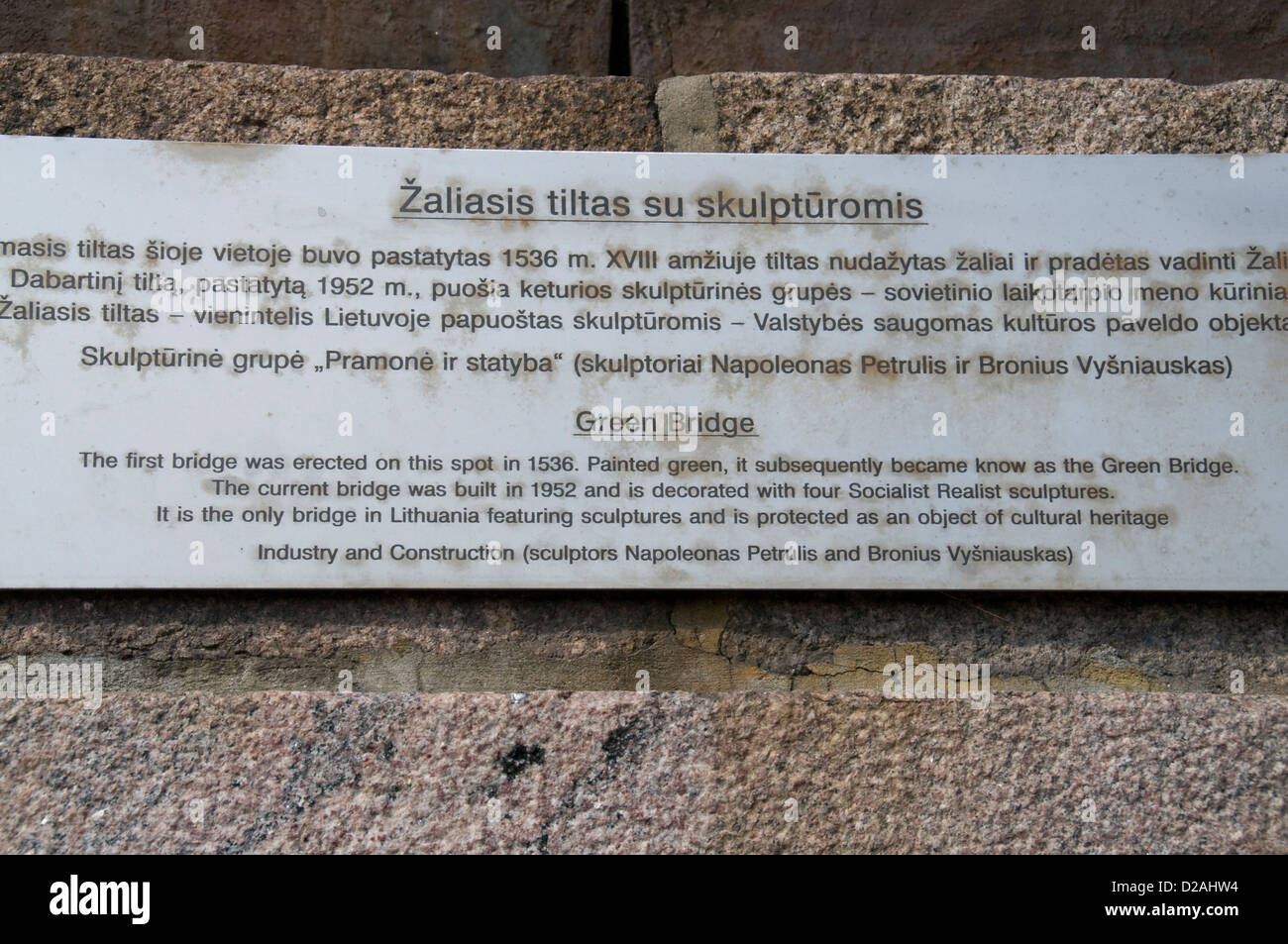 A wall plaque relating to the four Socialist Realist statues on the Green Bridge over the River Neris in Vilnius, Lithuania, Baltic States The Green Stock Photo