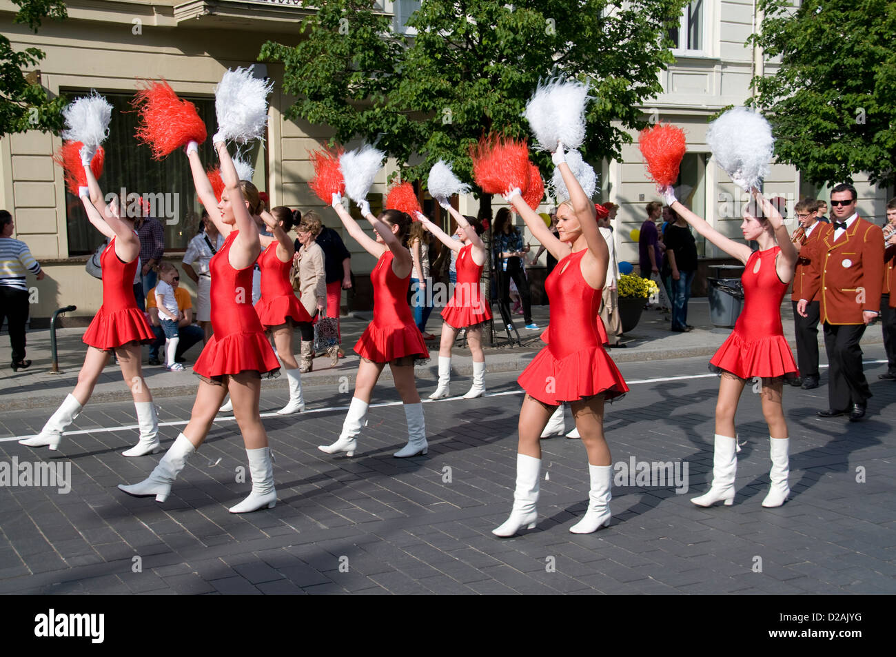 Cheerleaders supported by a marching band led a protest march of the Liberal and Centre Union in Vilnius, Lithuania Stock Photo