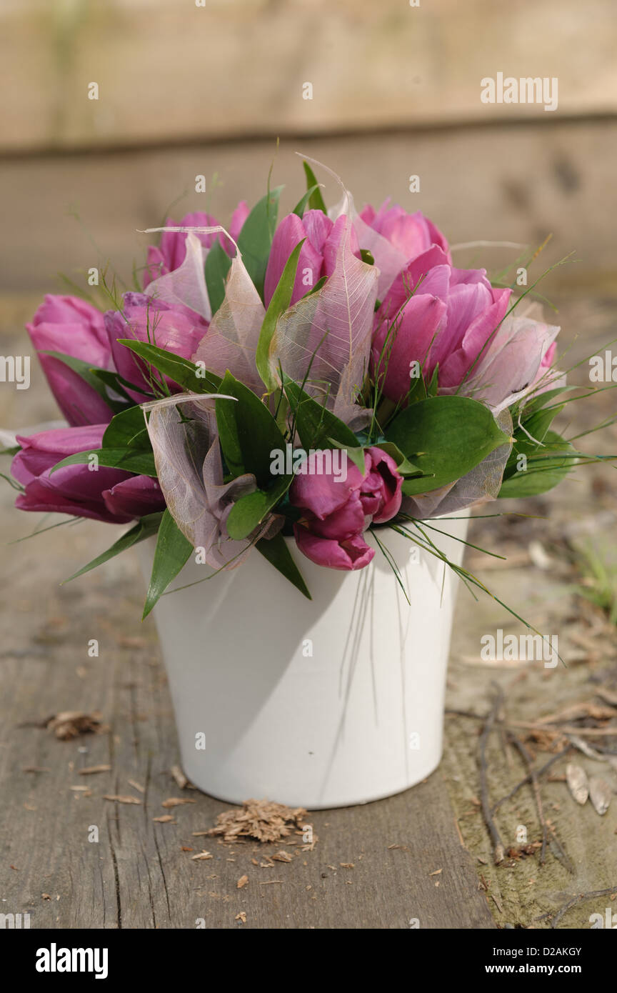 Beautiful miniature bucket of tulips Stock Photo