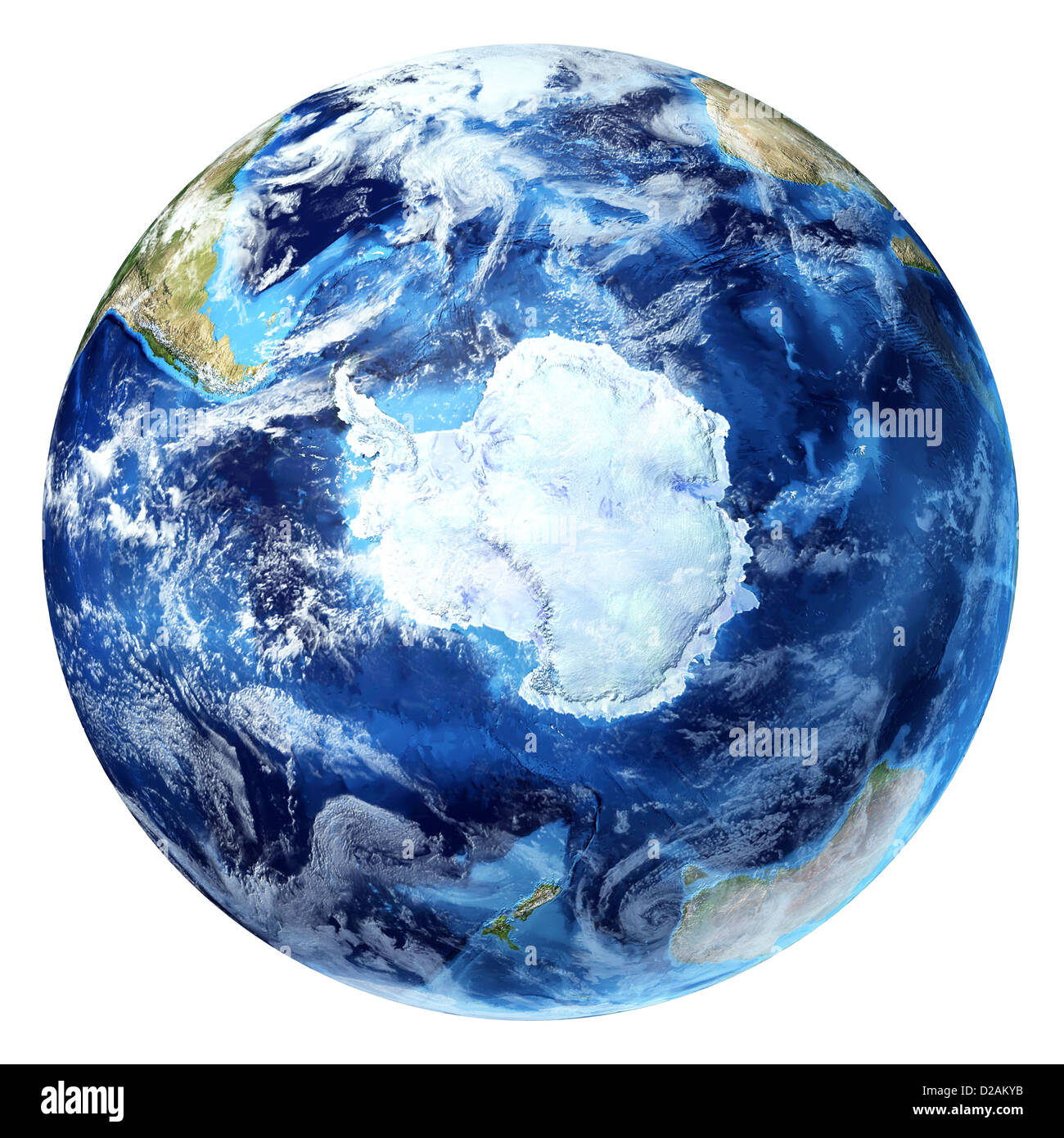 Earth globe, realistic 3 D rendering, with some clouds. Antarctic (south pole) view. On white background. Stock Photo