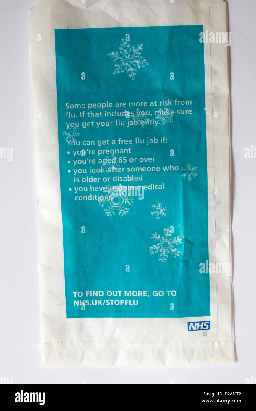 paper bag - NHS information for those at risk who should arrange free flu jab Stock Photo