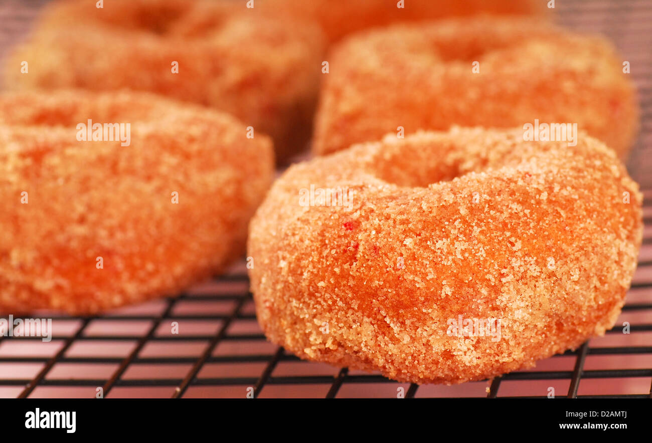 Freshly made strawberry donuts with a sugar coating cooling on a wire rack Stock Photo