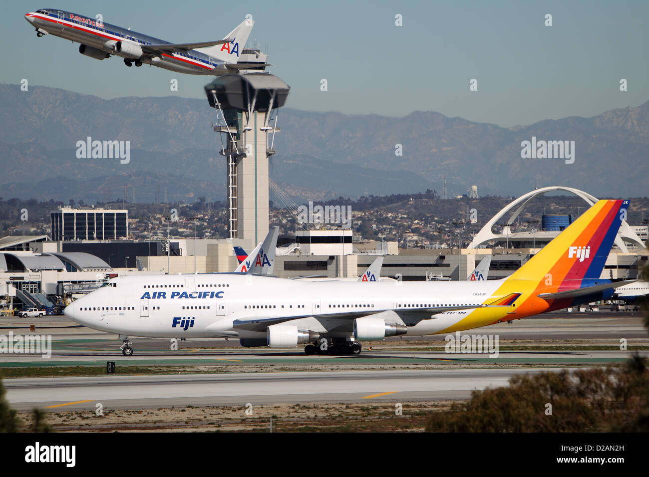 LOS ANGELES, CALIFORNIA, USA - JANUARY 15, 2013 - Air Pacific Fiji Boeing 747-412 takes off at Los Angeles Airport Stock Photo