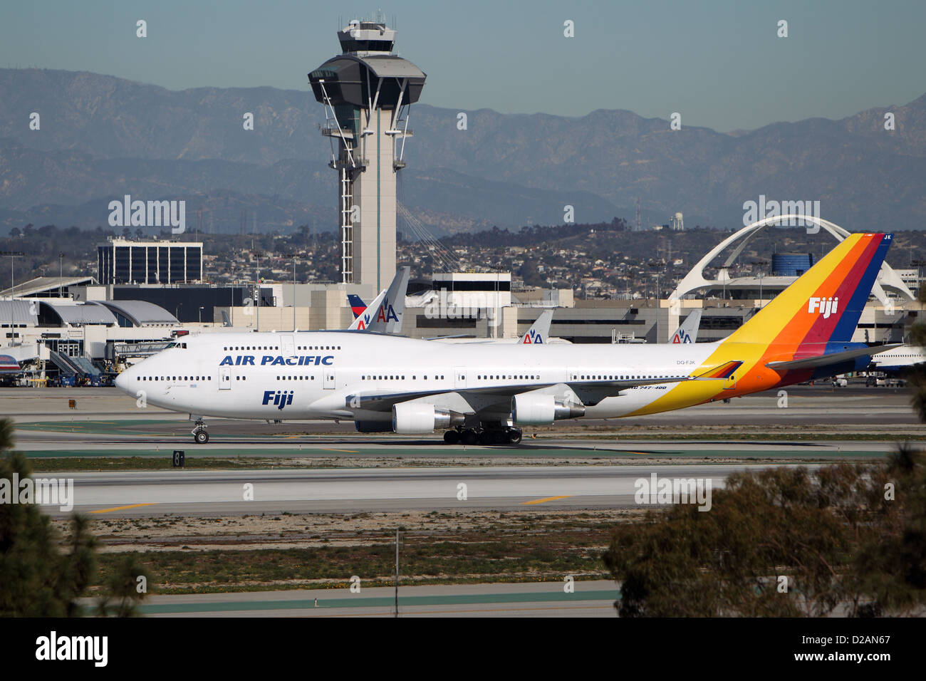 LOS ANGELES, CALIFORNIA, USA - JANUARY 15, 2013 - Air Pacific Fiji Boeing 747-412 takes off from Los Angeles Airport Stock Photo