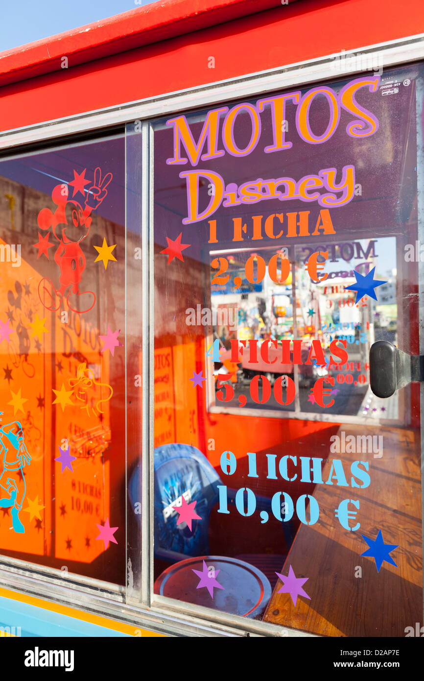 Ticket booth at a kiddies fairground ride in Playa San Juan's fiesta, Tenerife, Canary Islands, Spain Stock Photo