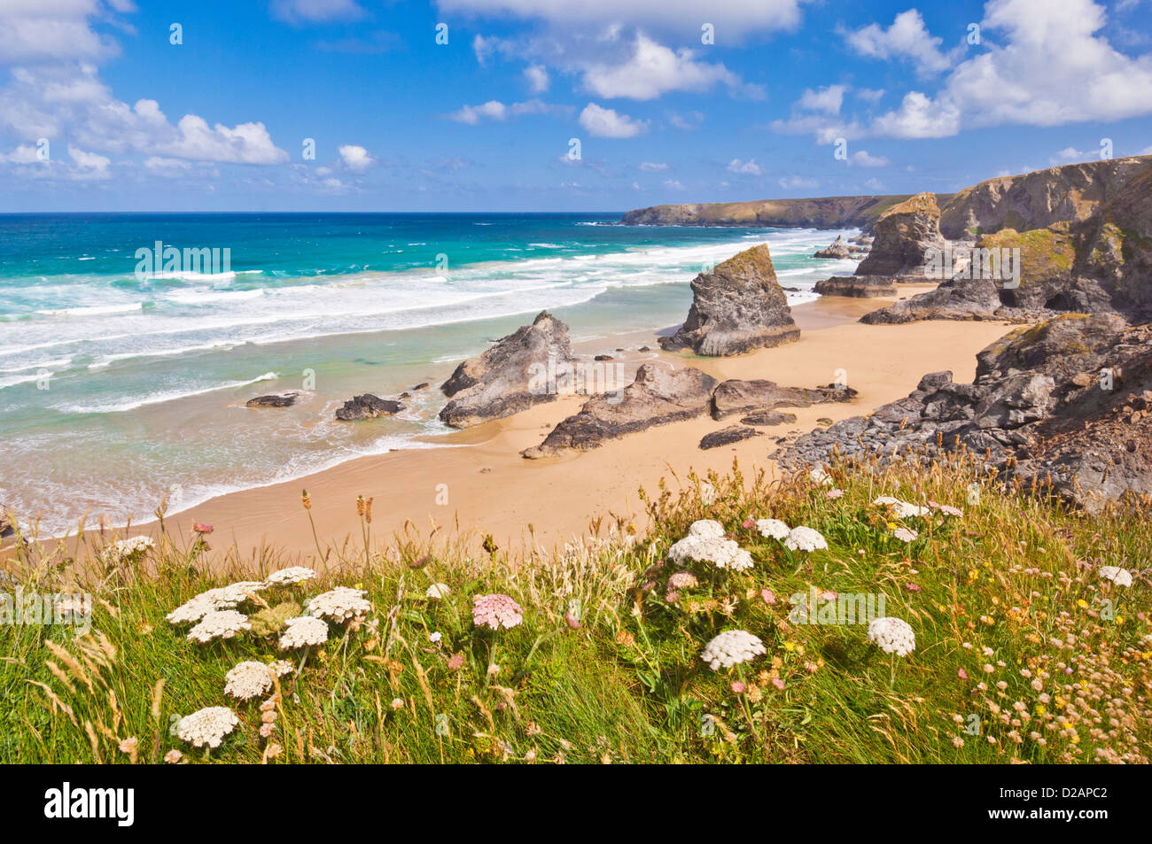 Bedruthan Steps and beach at low tide North Cornwall England UK GB Europe Stock Photo