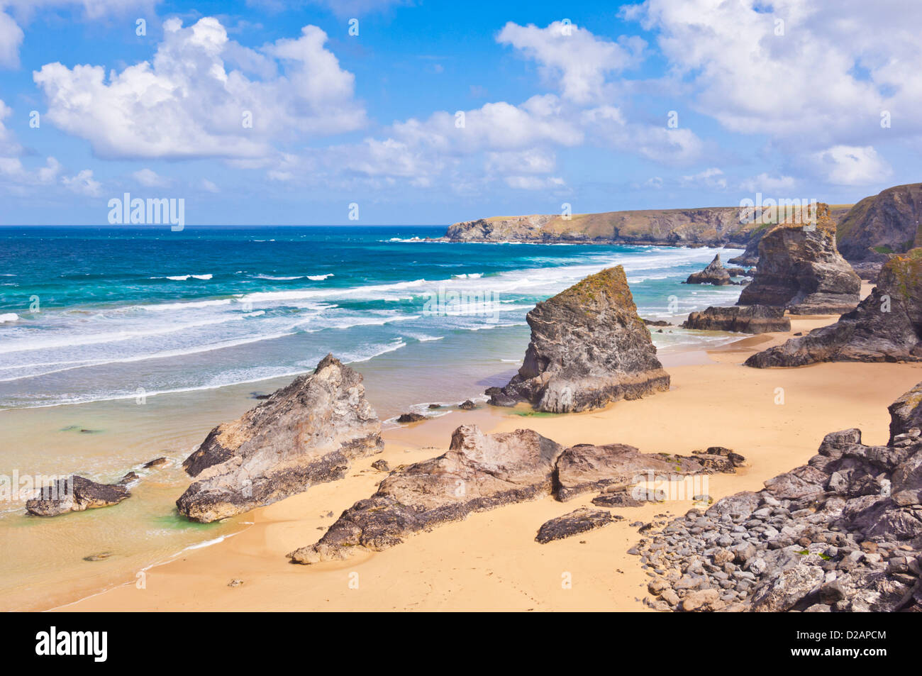 Bedruthan Steps and beach at low tide North Cornwall England UK GB EU Europe Stock Photo