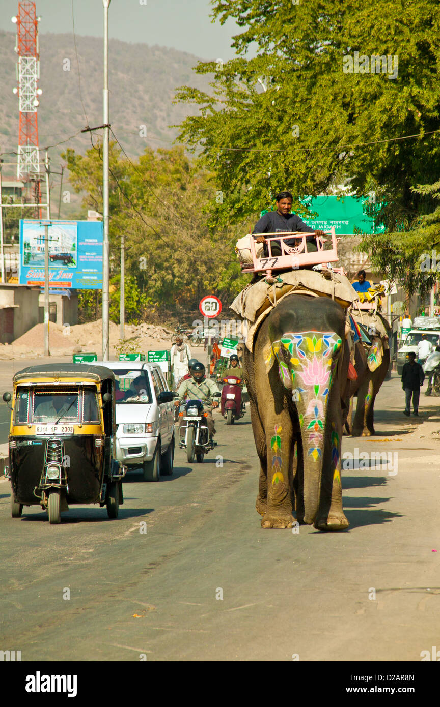 A DECORATED ELEPHANT FROM THE AMBER FORT MAKES ITS WAY ALONG A BUSY MAIN ROAD IN JAIPUR INDIA Stock Photo