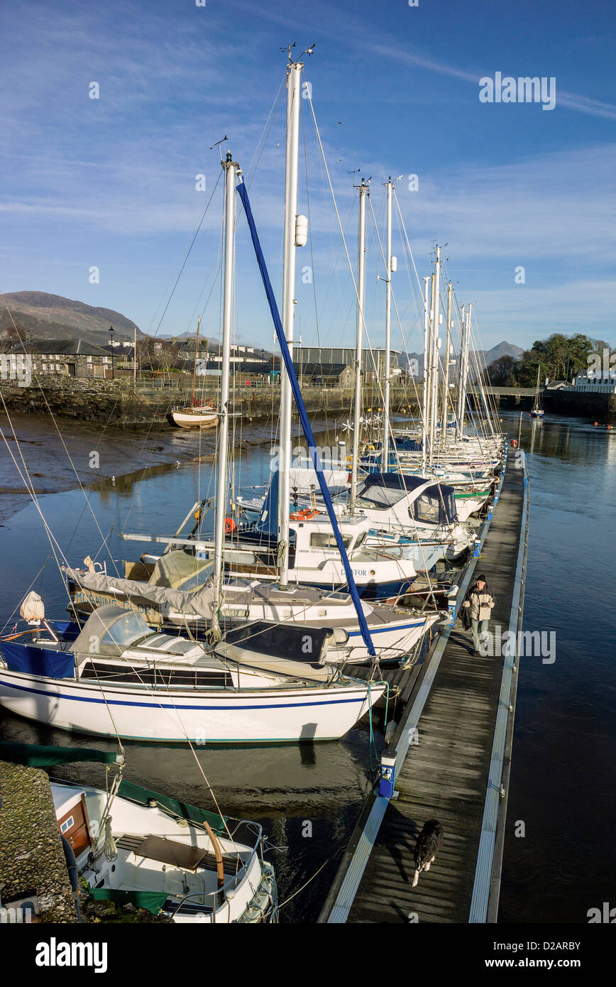 Adult male walks along mooring pontoon with many boats moored up